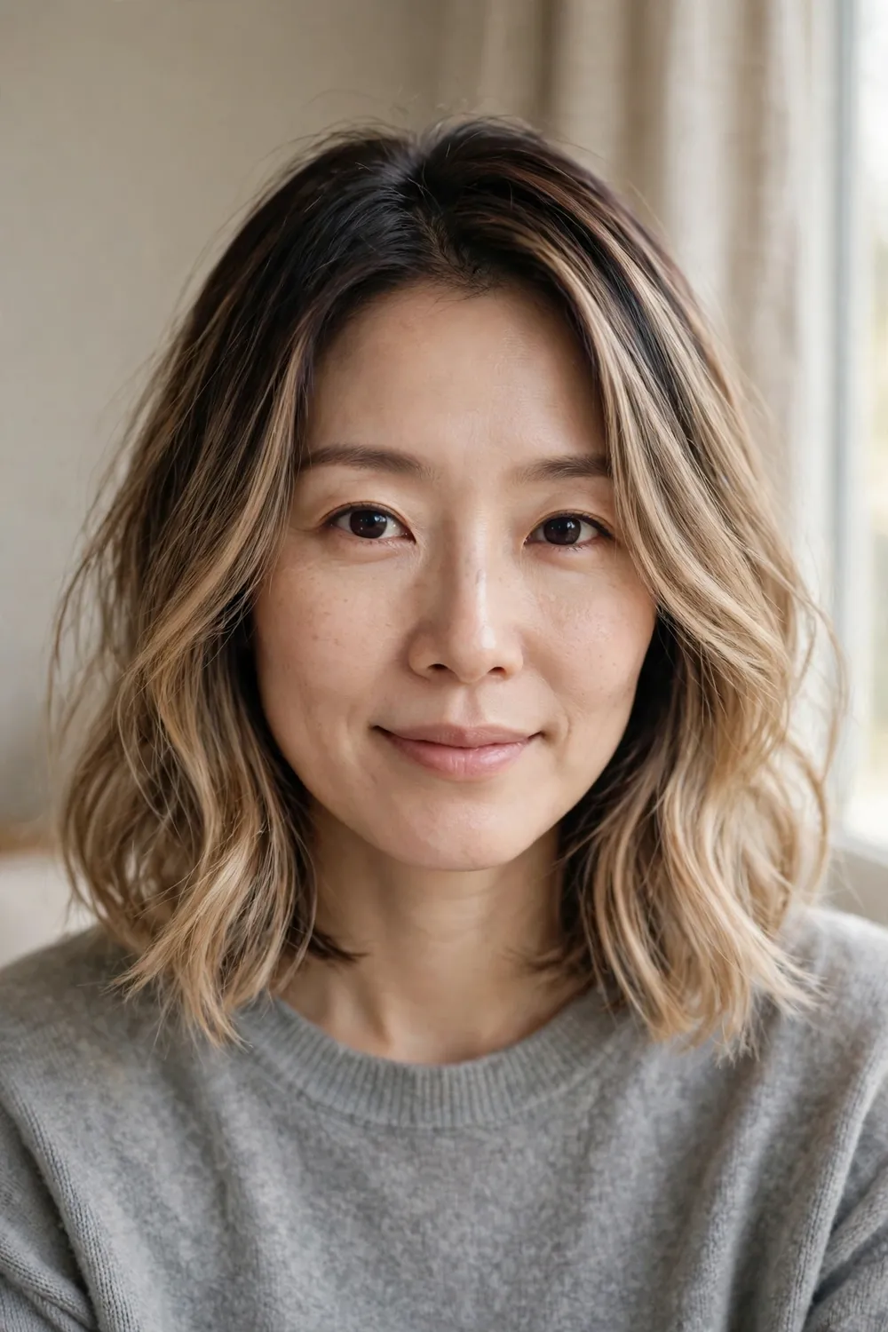 Warm beige honey balayage melting from dark roots on a long bob