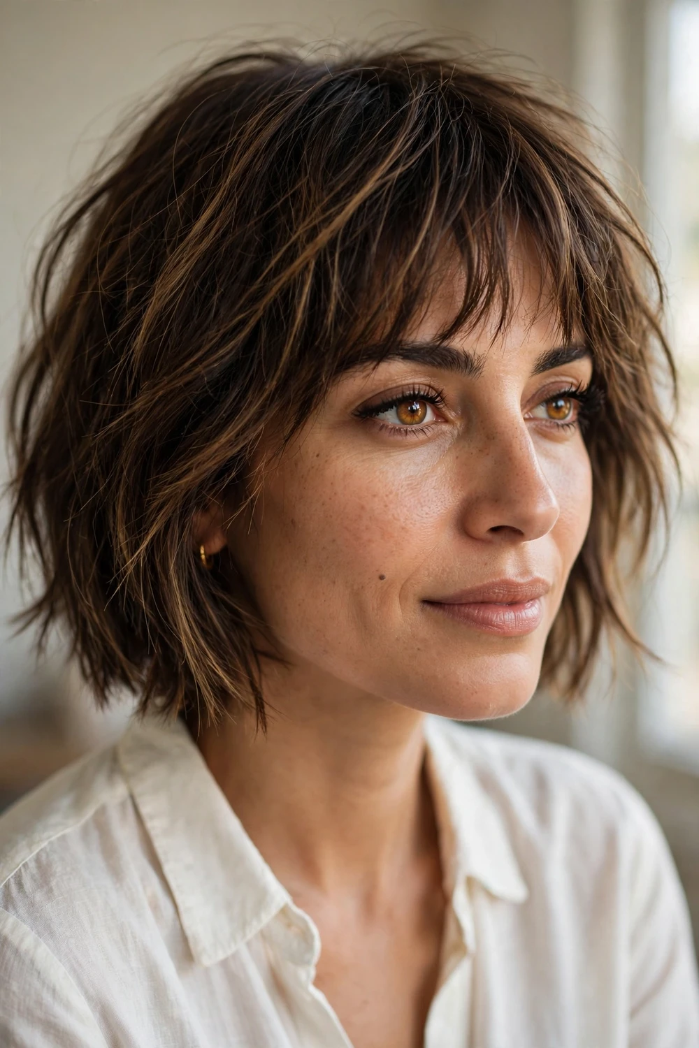 Warm brunette choppy bob with subtle highlights and bangs