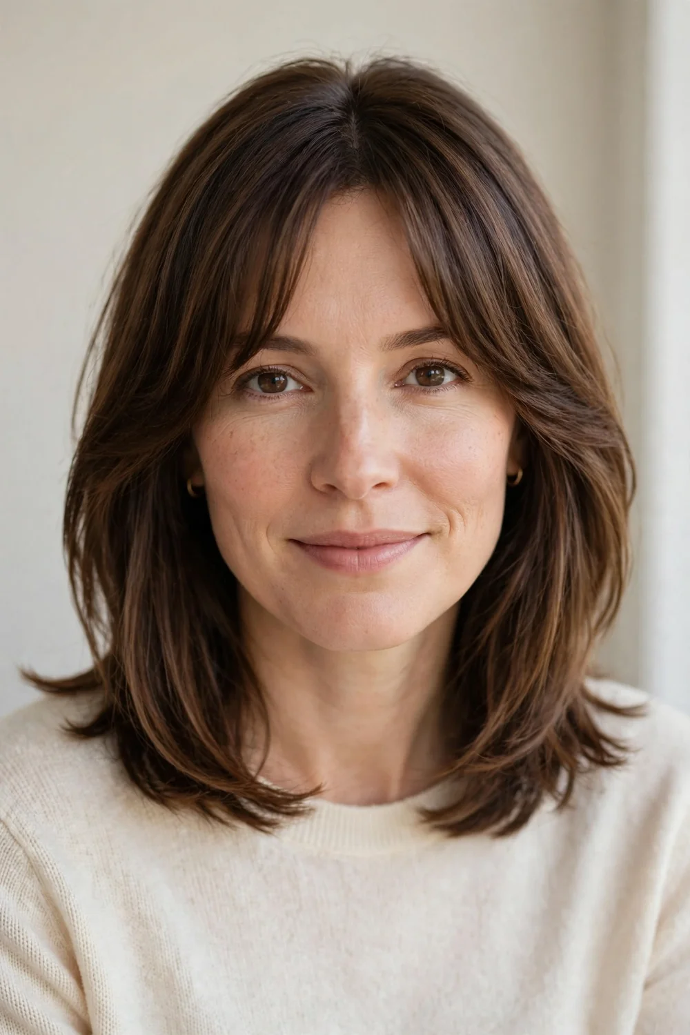 Warm brunette layered long bob with curtain bangs