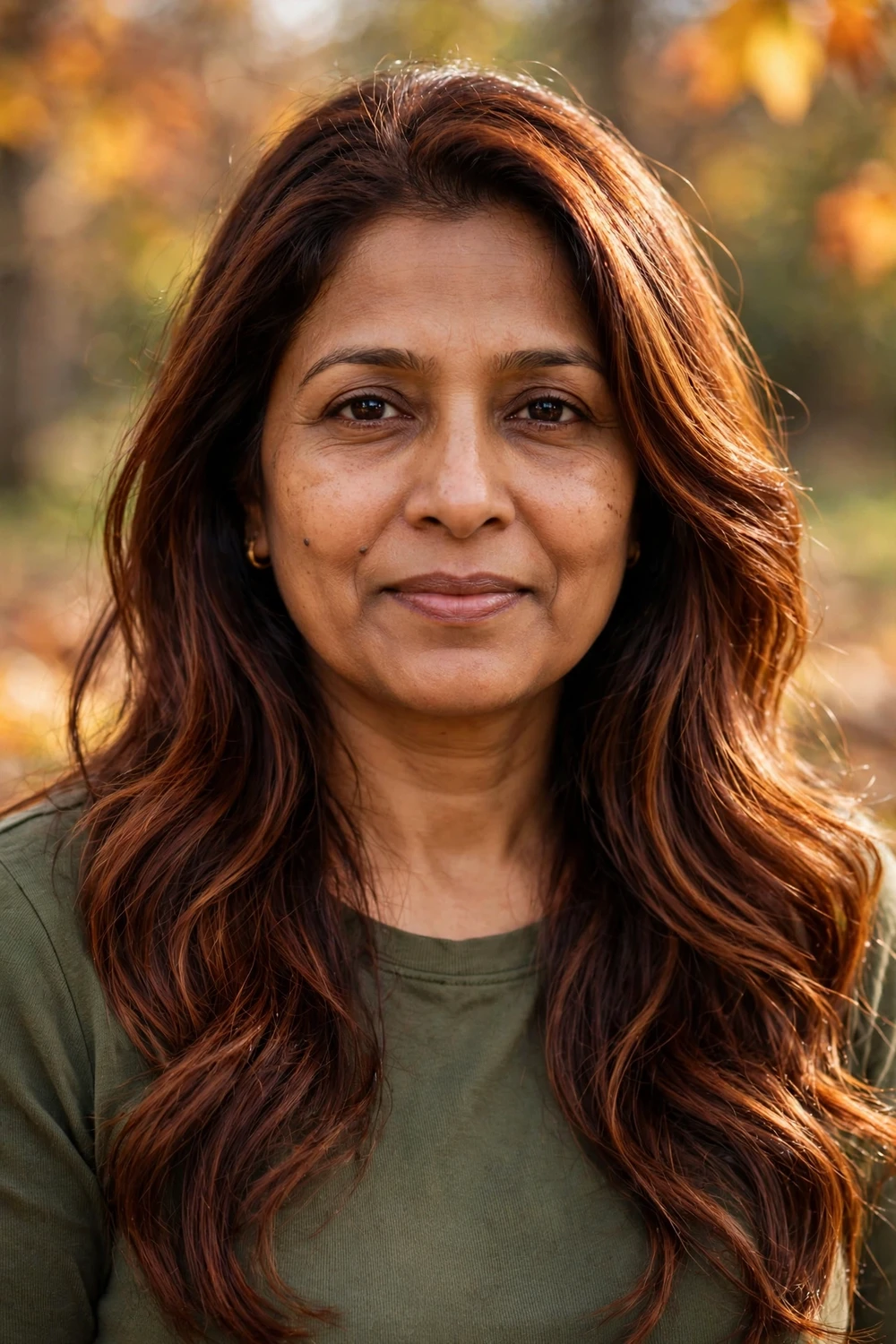 Woman with warm chestnut fall hair color