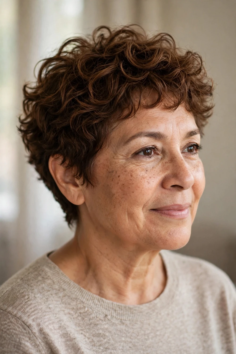 Woman in her 50s with a warm chestnut tousled curly pixie, rich brown curls with texture