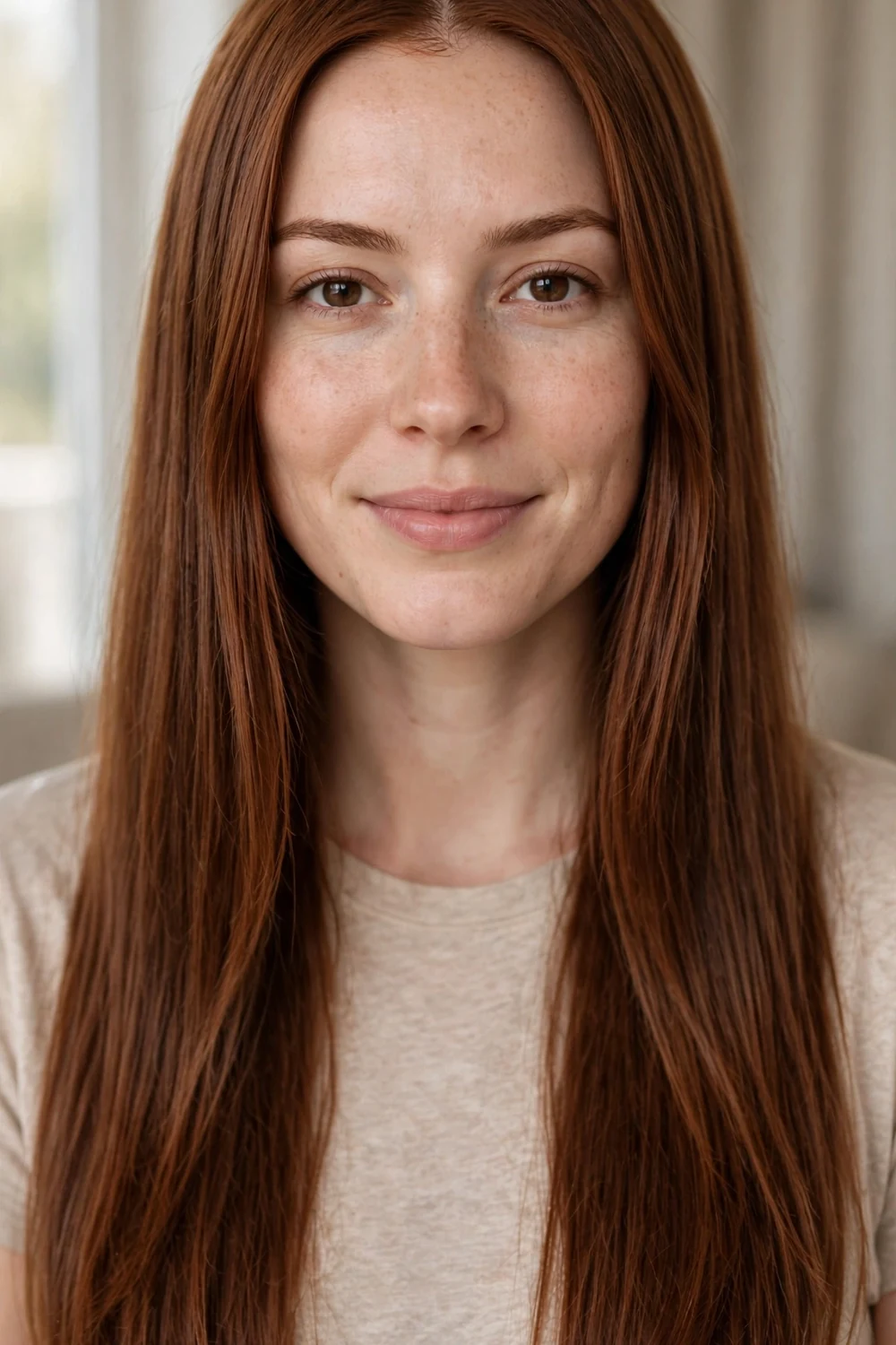 Long straight hair in warm cinnamon brown all-over color