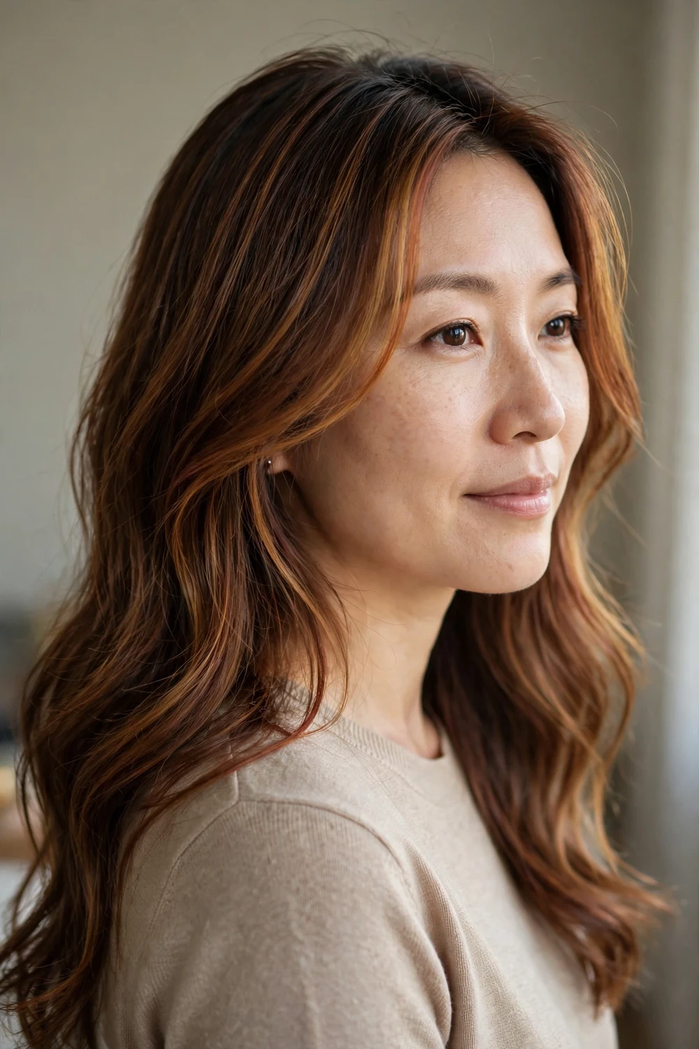Warm hazelnut chestnut brown hair with golden tones and subtle red undertones