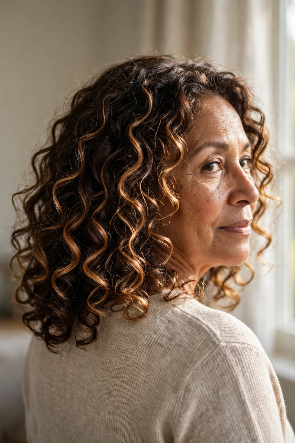 Warm caramel-highlighted curls