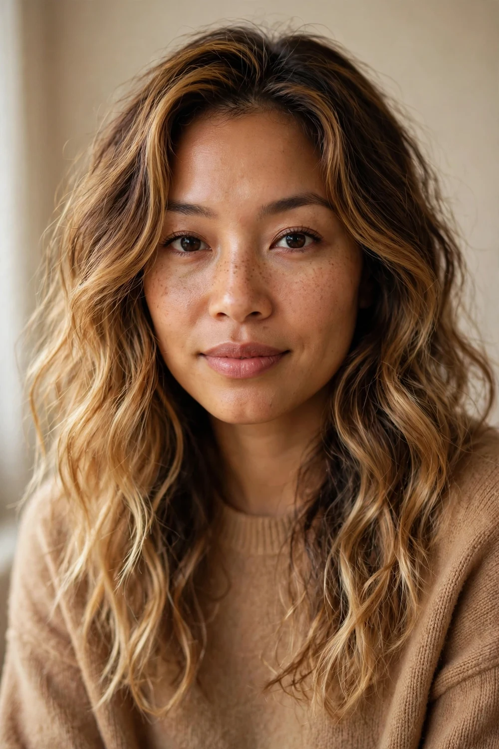 Warm ombre blonde hair with gradient from warm roots to golden ends