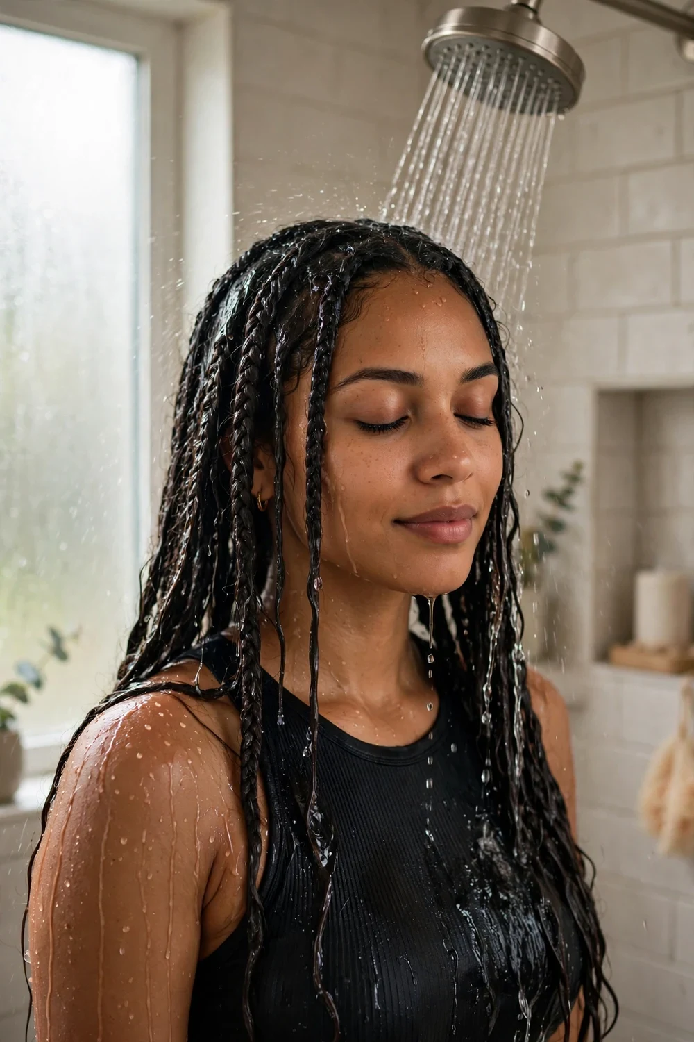 Latina woman with long braids standing in a warm shower letting water run over her scalp