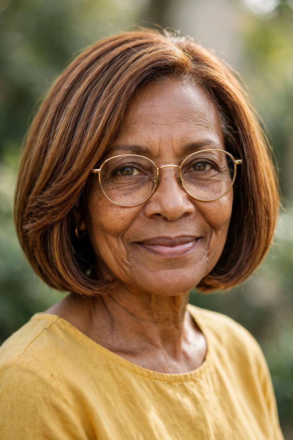 Warm tone bob with caramel highlights on a woman over 60 with glasses