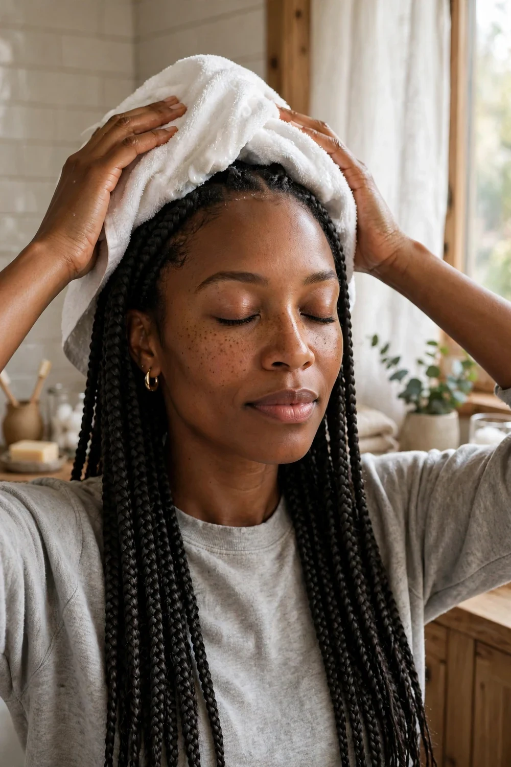 Black woman with box braids holding a warm damp towel compress over her head to loosen tight braids