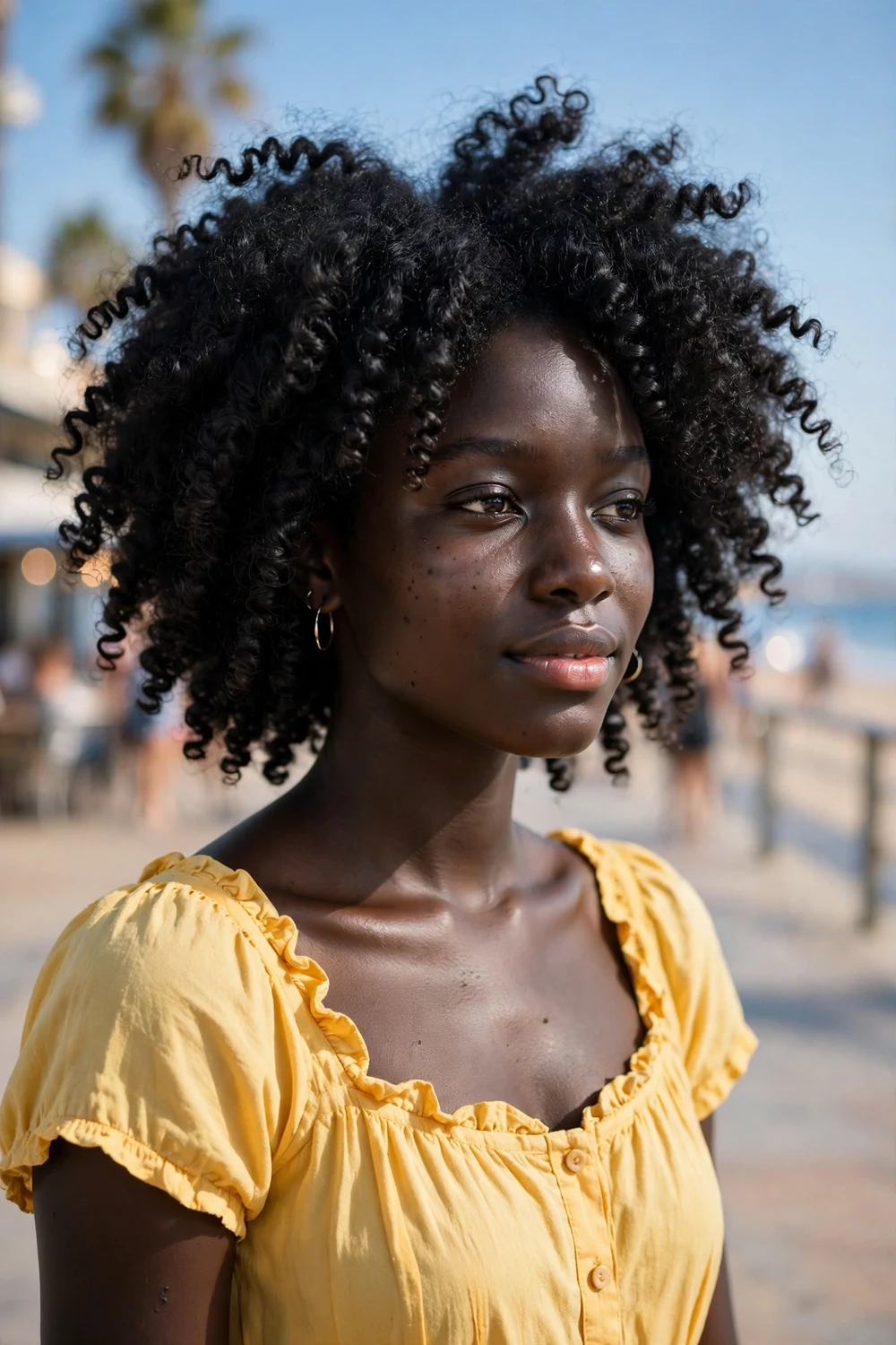 Woman with defined wash-and-go coils, natural summer hairstyle