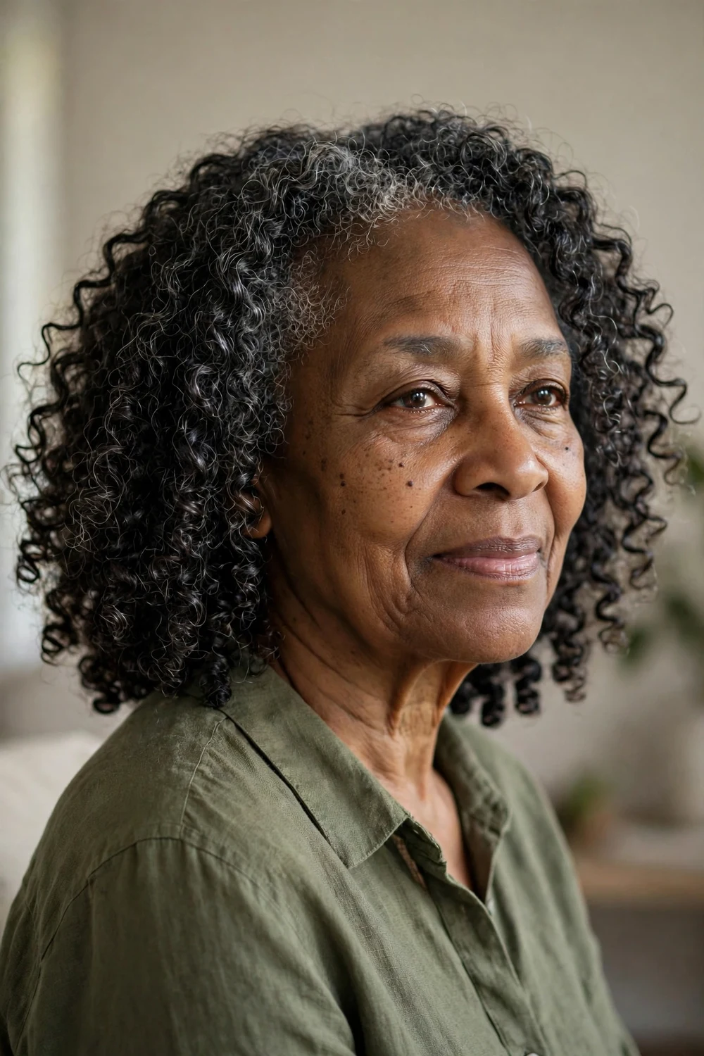 Older Black woman with defined wash-and-go curls