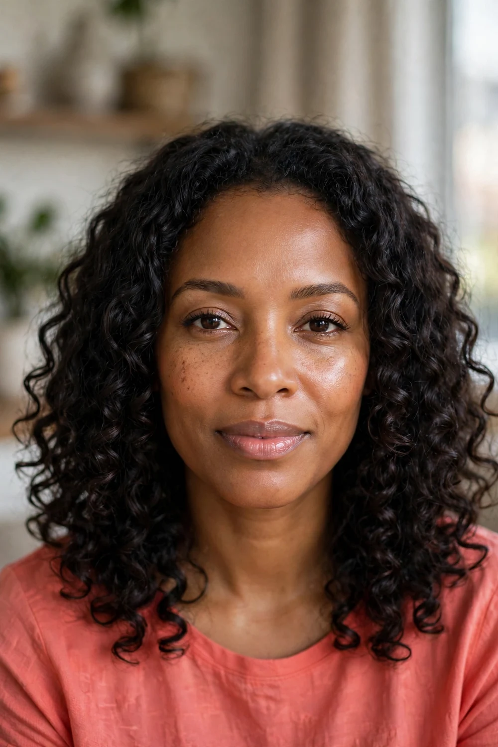 Woman with an oval face wearing shoulder-length defined wash-and-go curls