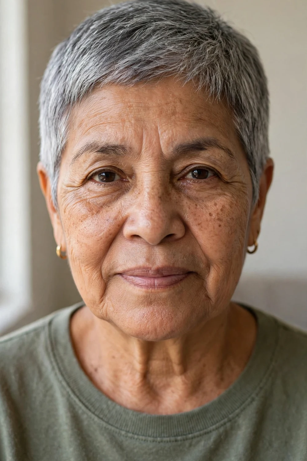 Front view of a short wash-and-go pixie crop on a woman over 50 with thin grey hair