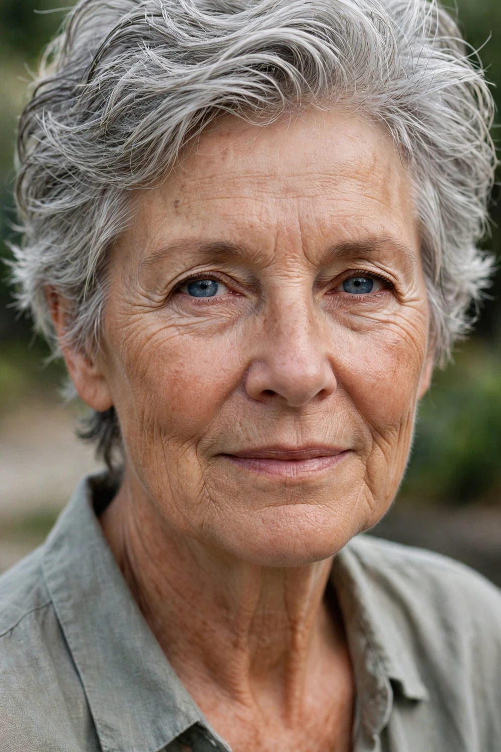 Woman in her 60s with silver wash-and-wear layered crop, relaxed front view
