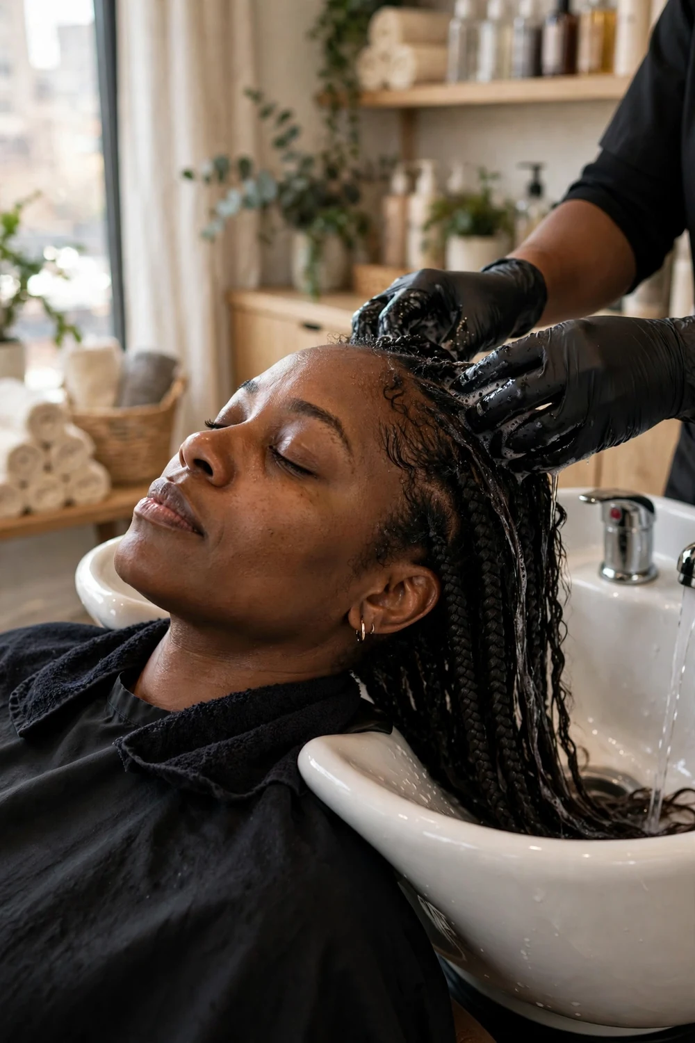 Woman getting her braided hair washed at a salon shampoo bowl