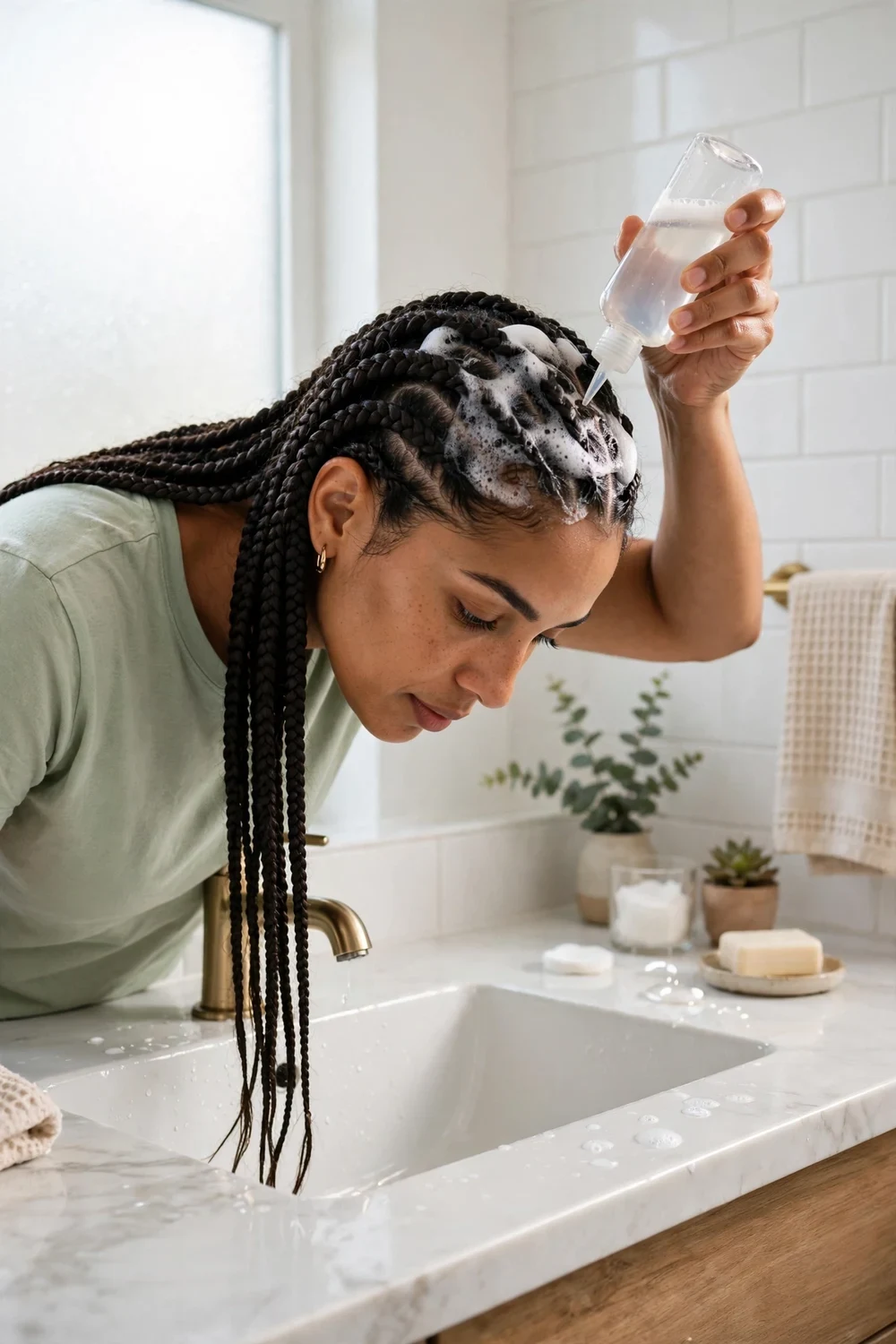 Woman with long braids washing her scalp with diluted shampoo from an applicator bottle