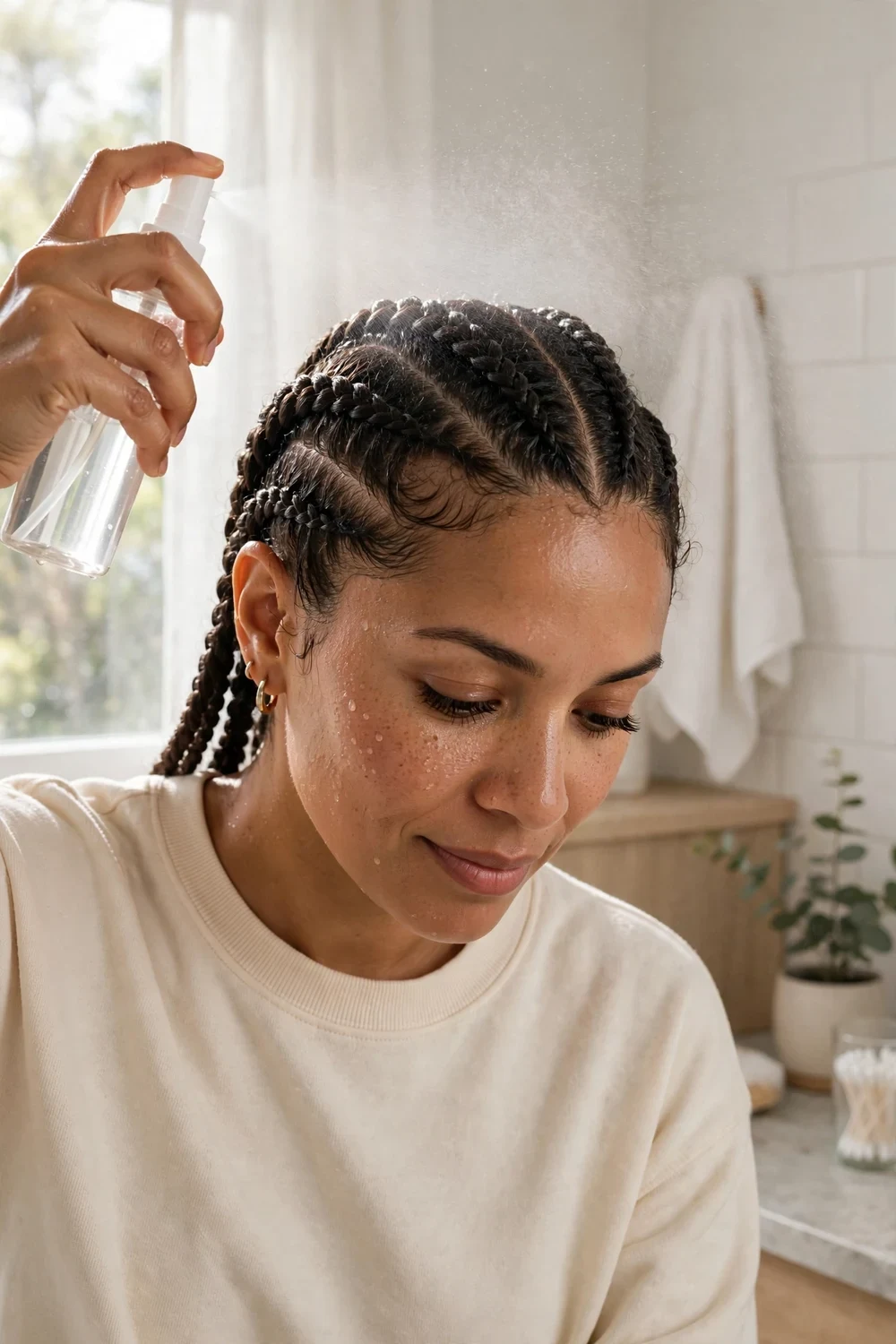 Latina woman misting a water spritz over her cornrows for moisture