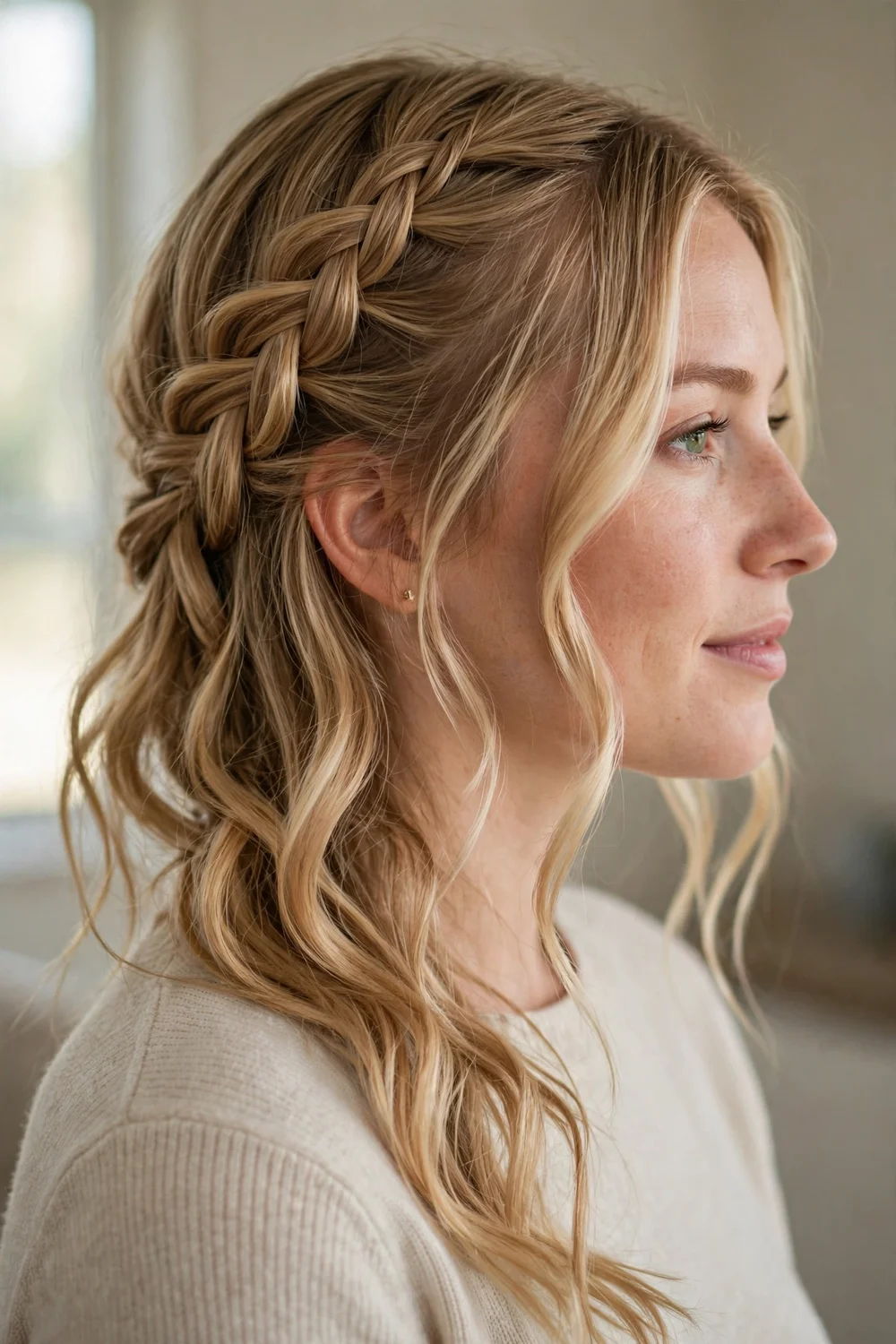 Woman with honey blonde medium-length hair in a waterfall braid