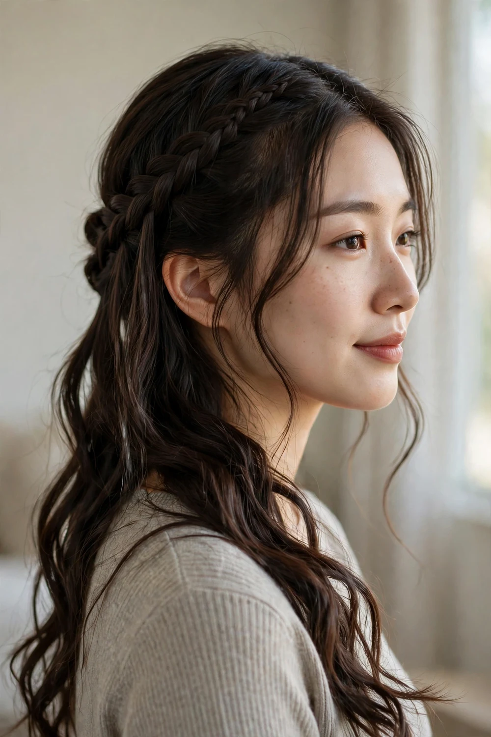 Woman with waterfall braid hairstyle for Christmas long hair