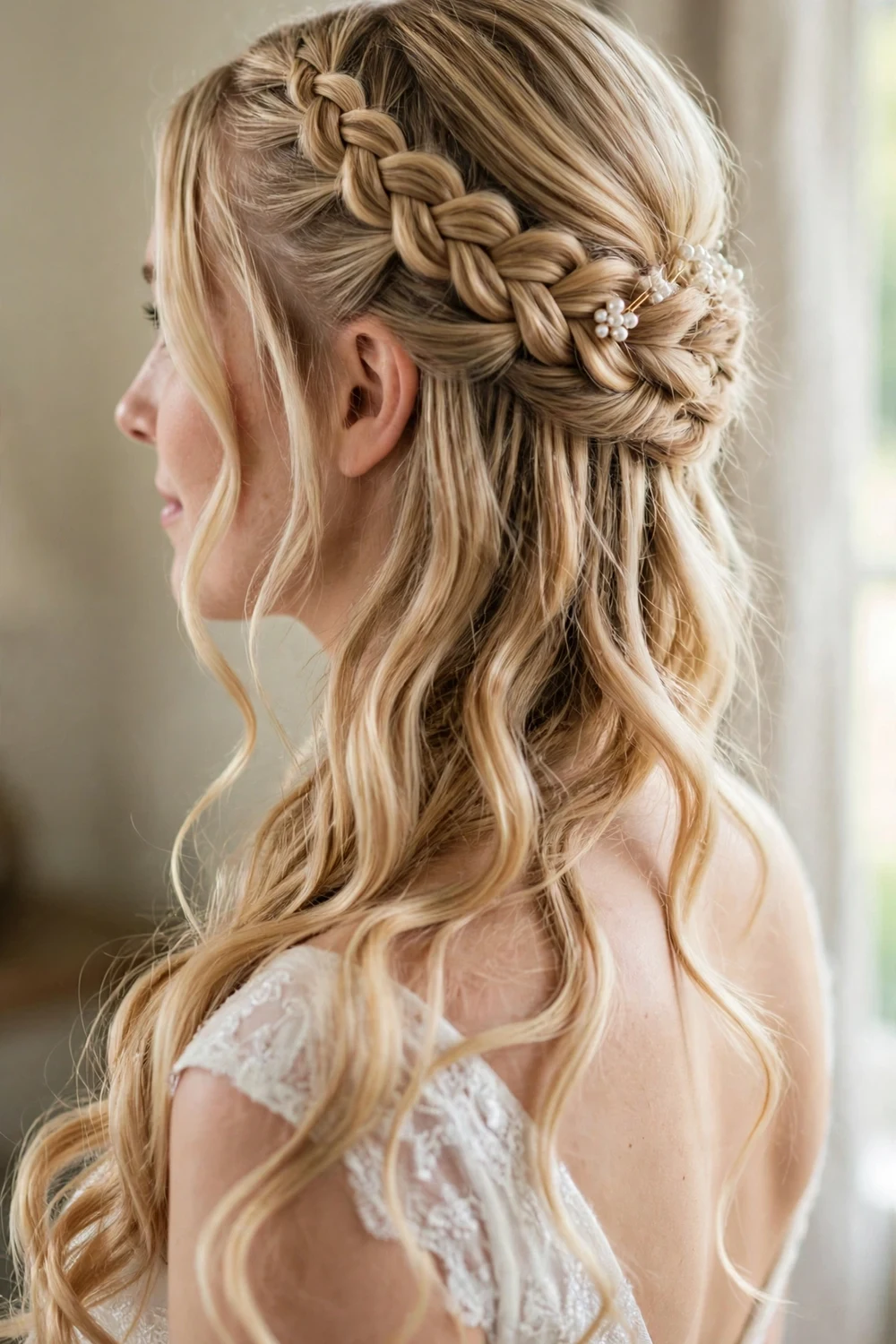 Waterfall braid with pearl accessory and soft curls for a bridal look
