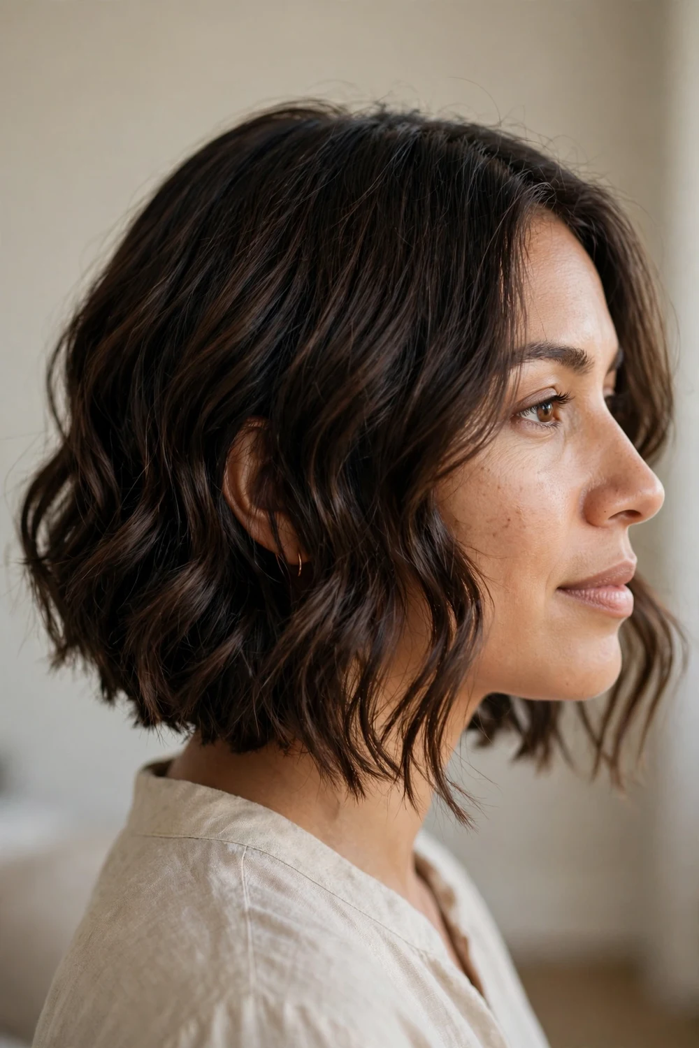 Wavy angled bob on a woman with a round face, dark brown hair with loose soft waves