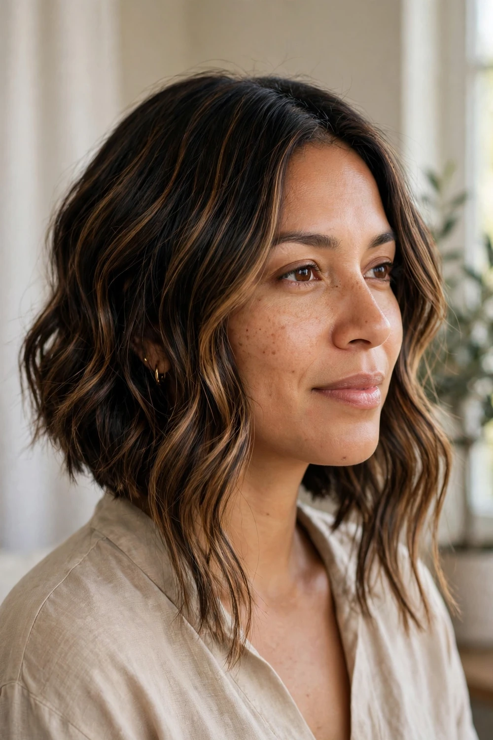 Wavy angled bob with balayage highlights emphasizing the forward slope