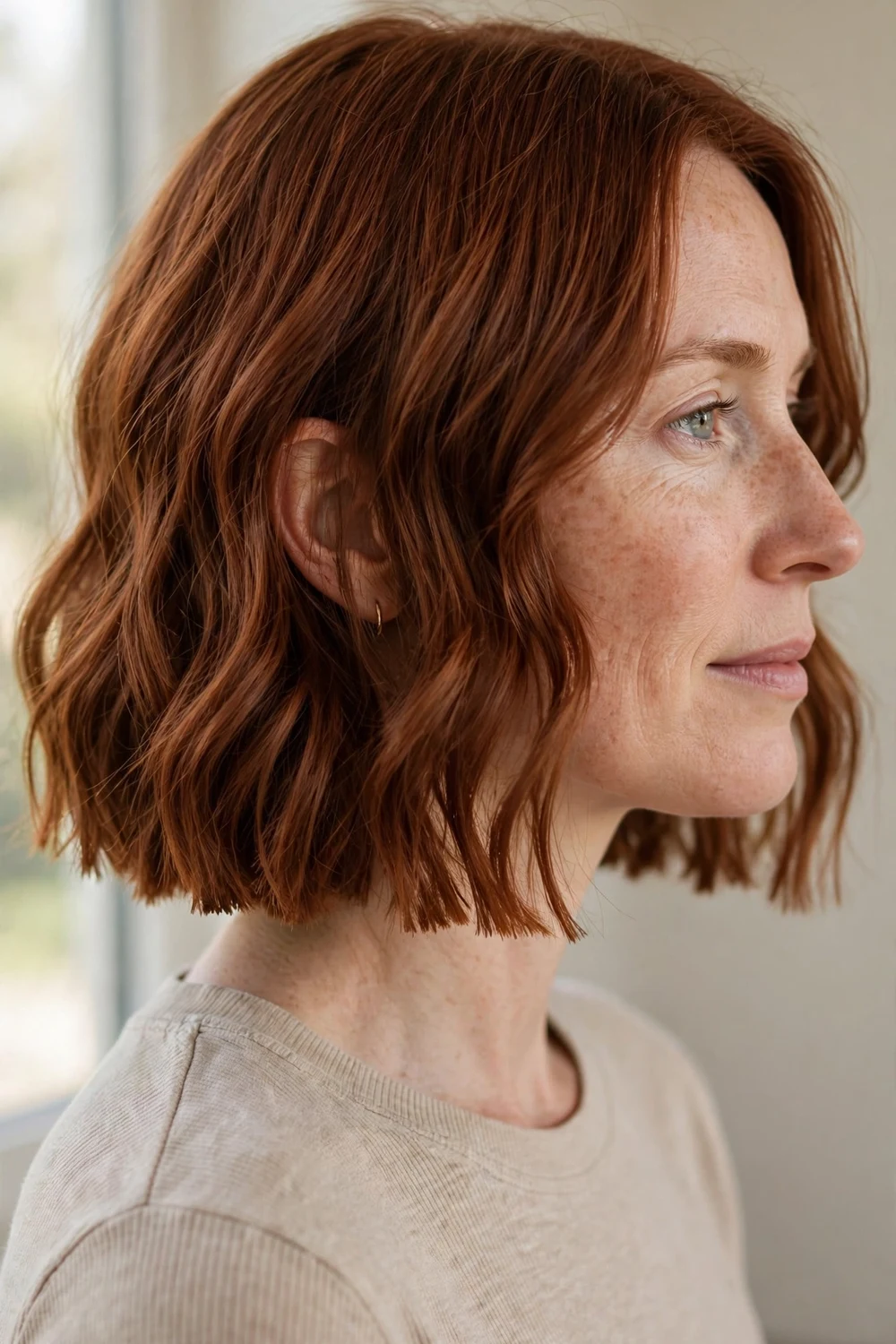 Wavy bob with blunt straight ends on auburn hair, side view