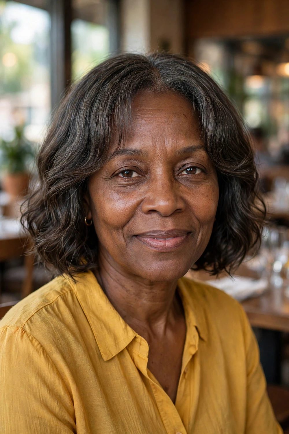 Woman over 50 with a wavy bob and curtain bangs on thin hair