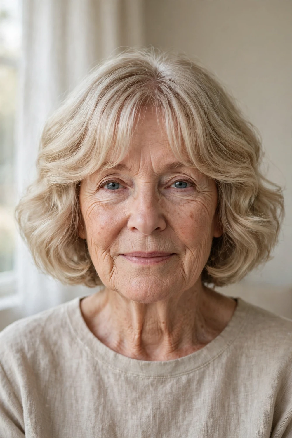 Wavy bob with soft curtain bangs on a woman over 60 with fine blonde hair