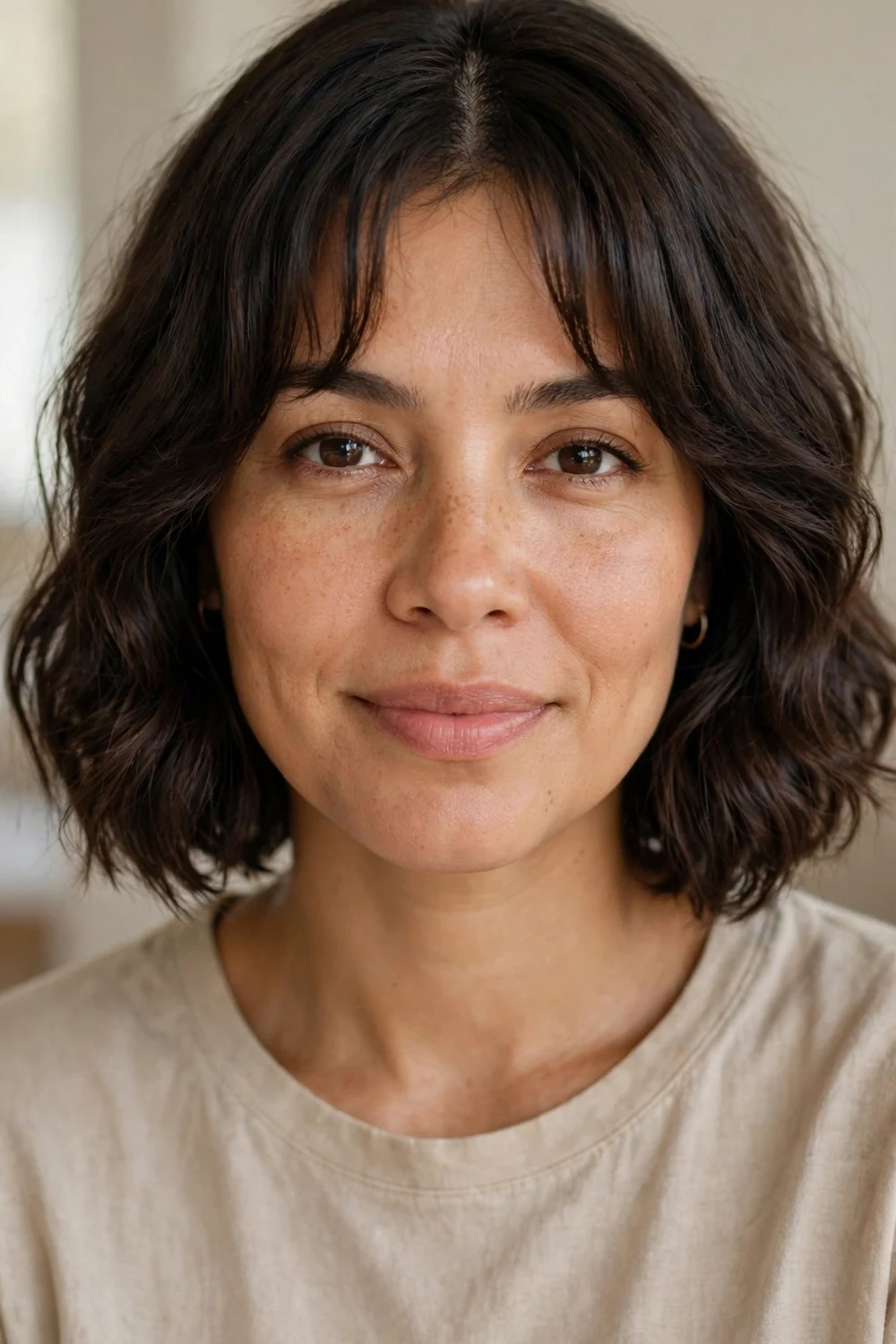 Woman with a wavy bob and curtain bangs