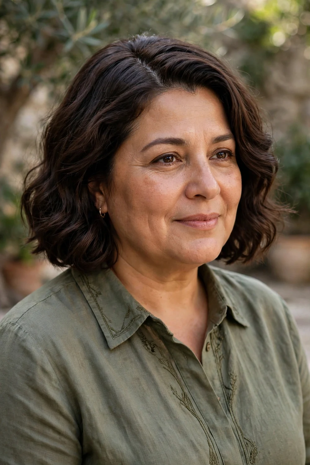 Plus-size Middle Eastern woman in her late 40s with a wavy bob and deep side part