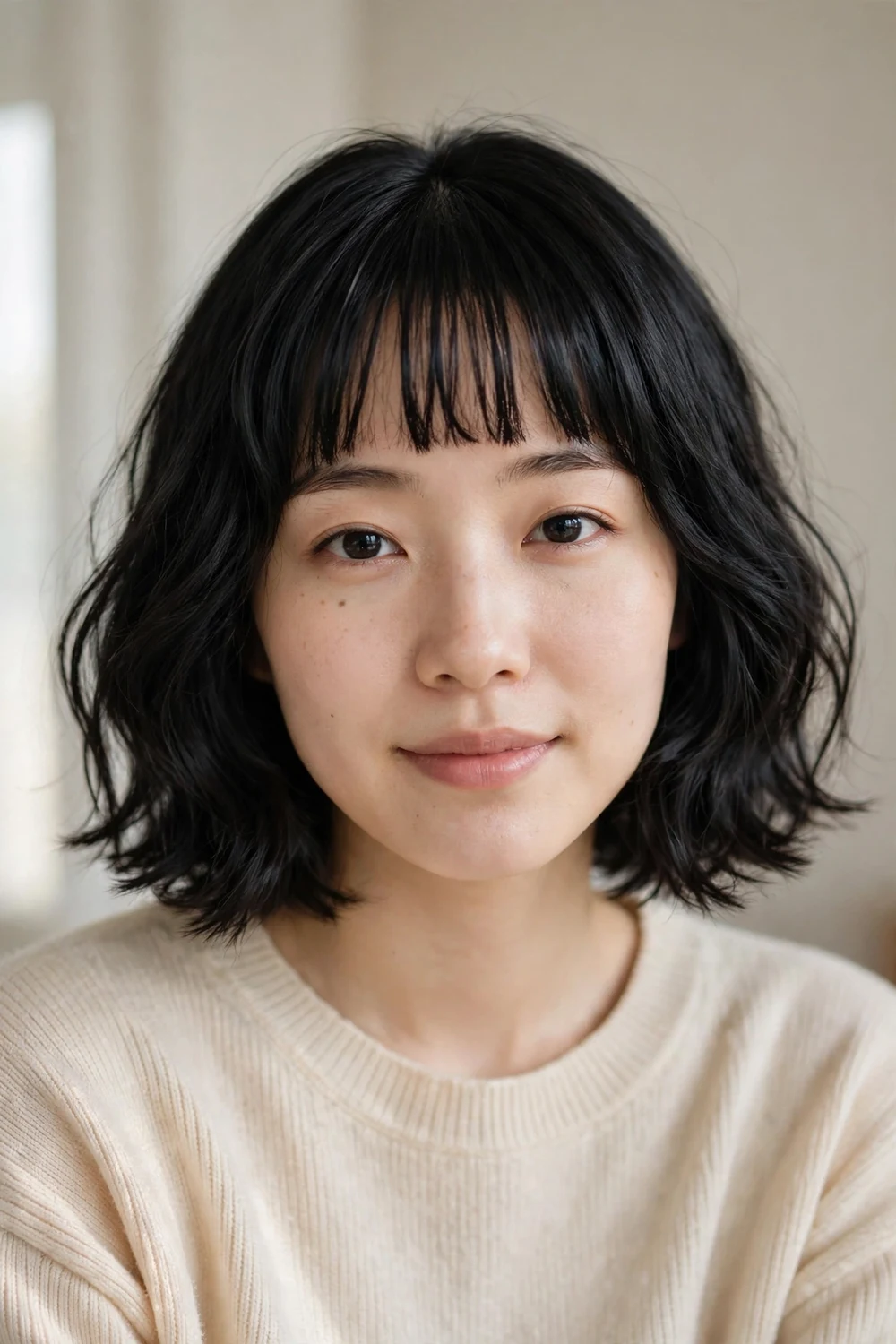 Wavy bob with straight-across fringe on black chin-length hair, front view