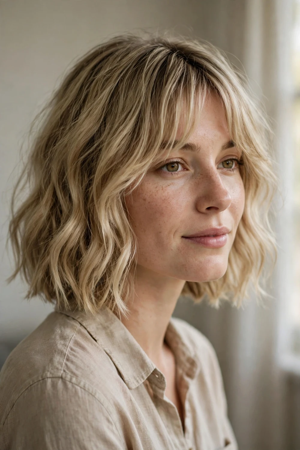 Wavy bob with long bangs on thin hair