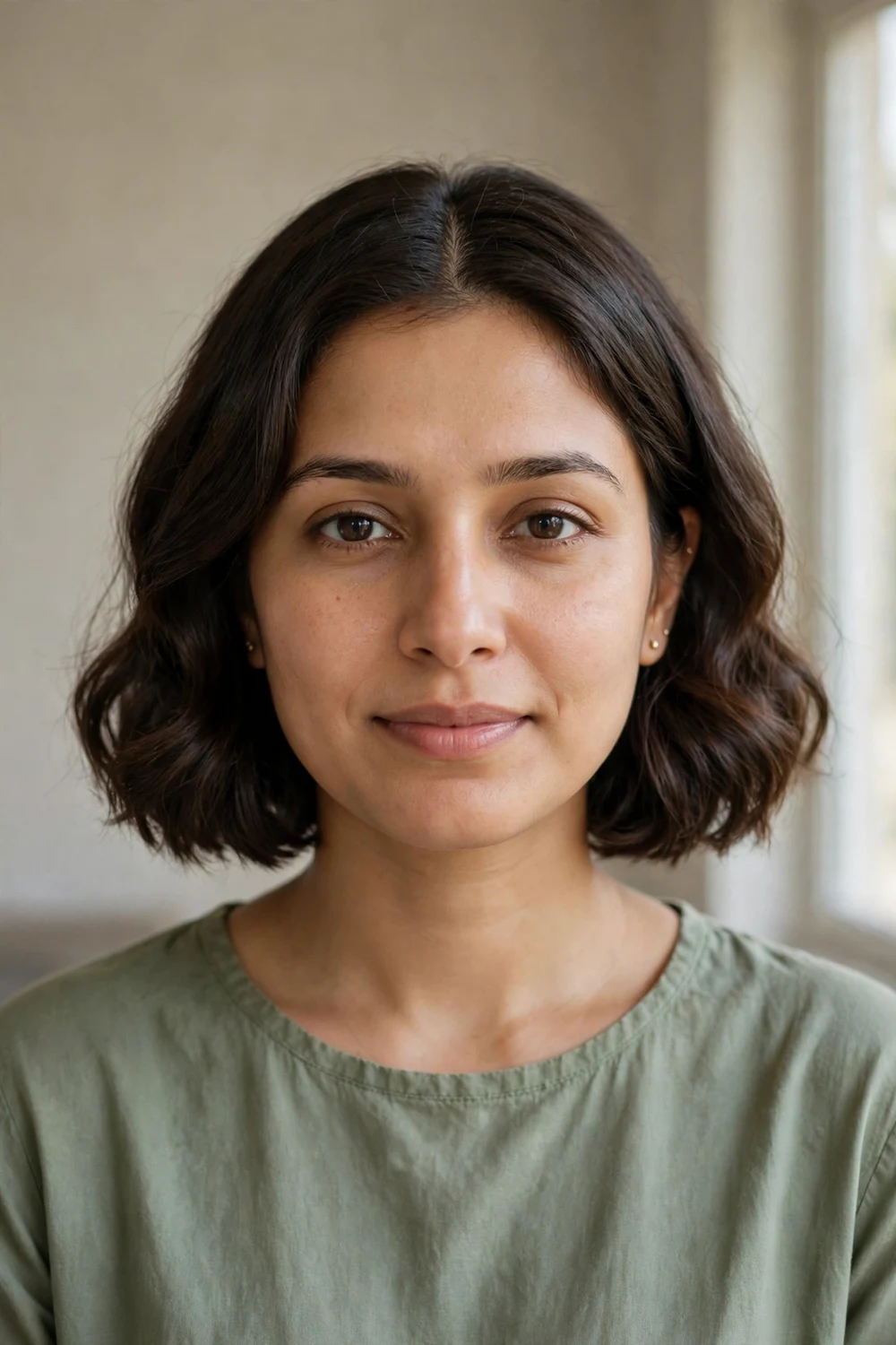 Woman with a wavy bob and middle part