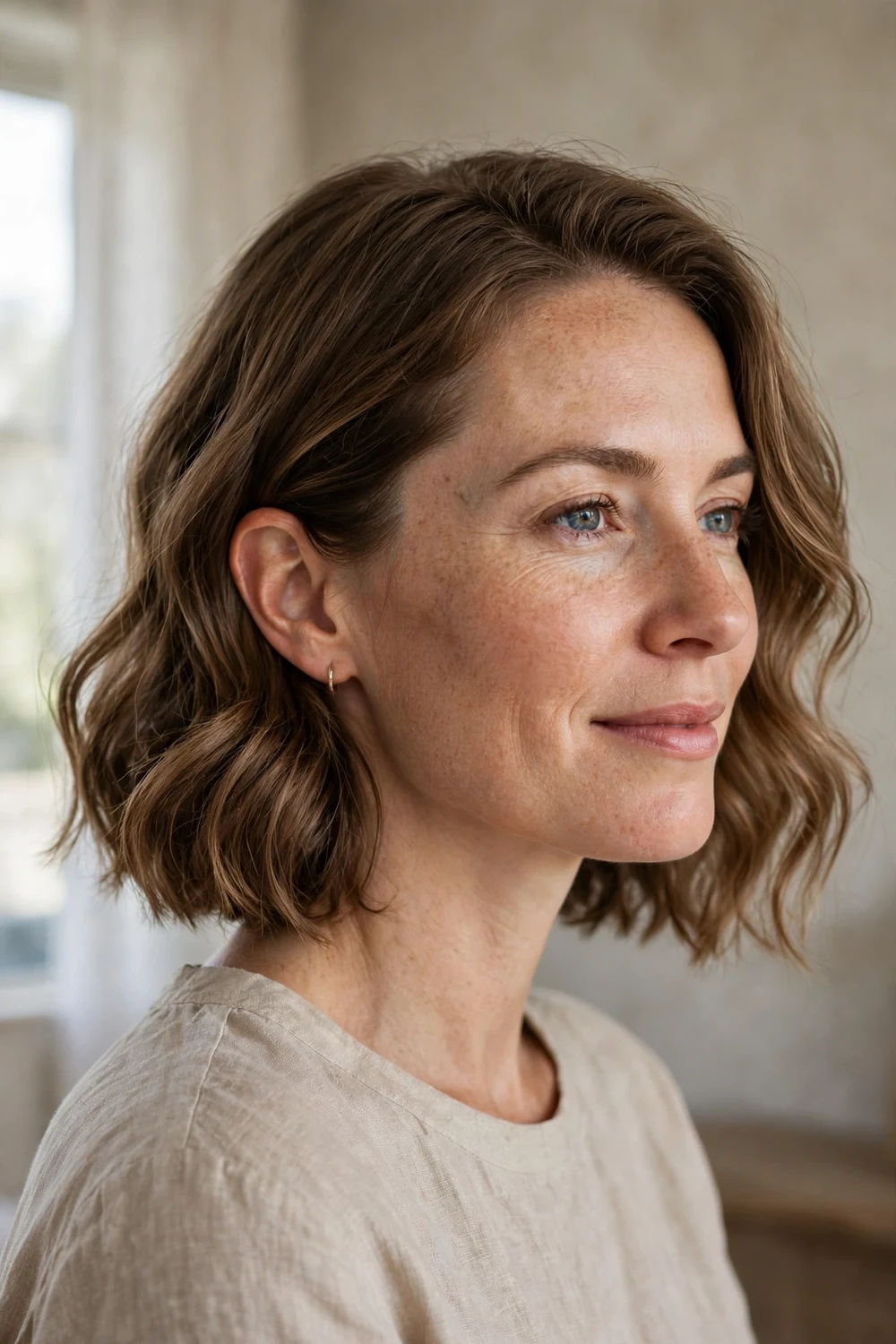 Woman with a wavy bob with one side tucked behind the ear