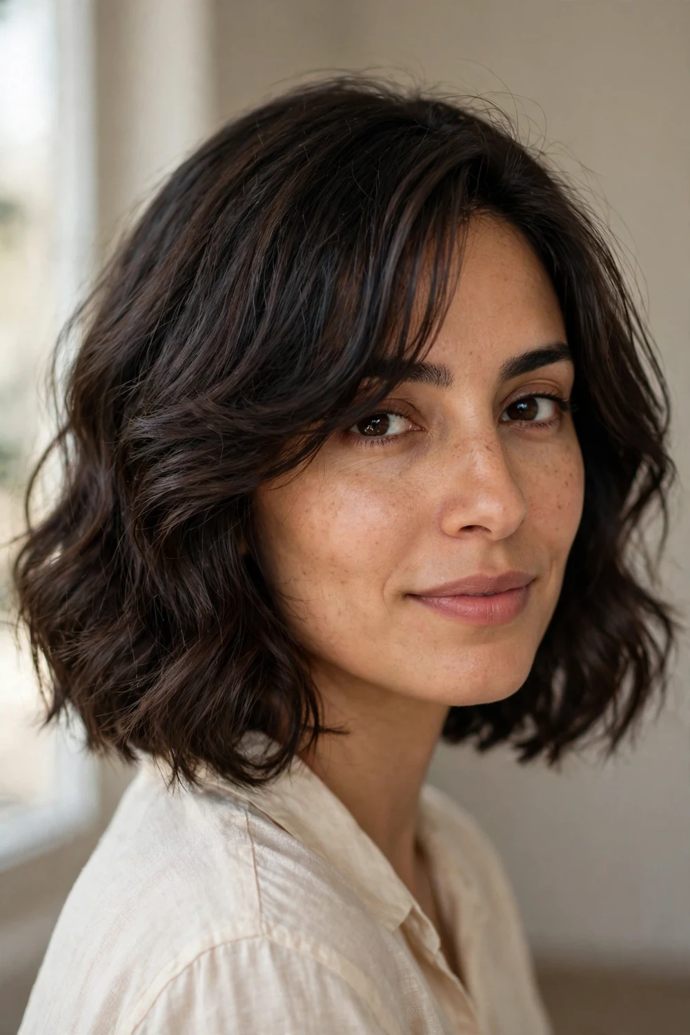 Wavy bob with side-swept bangs on dark brown chin-length hair, front three-quarter view