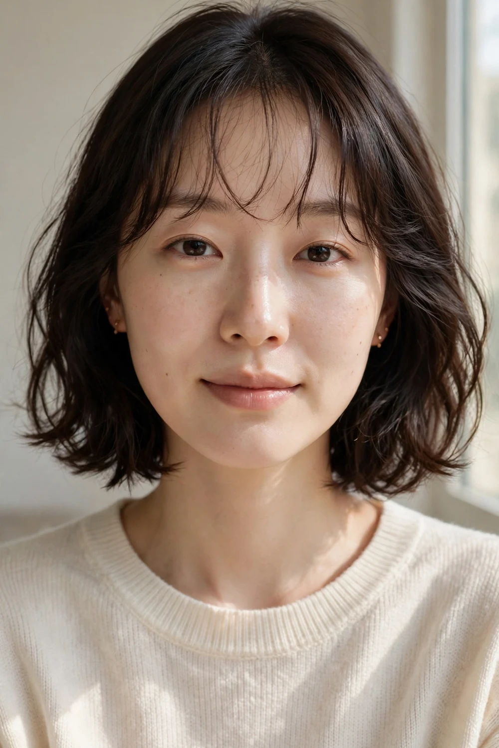 Woman with a wavy bob and wispy bangs