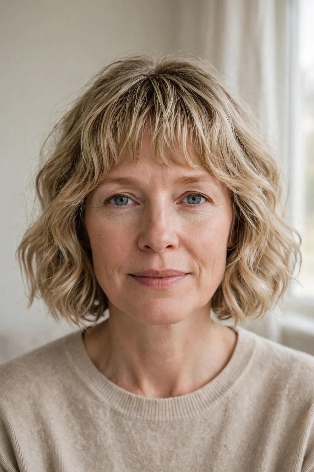 Wavy bob with soft bangs framing the forehead