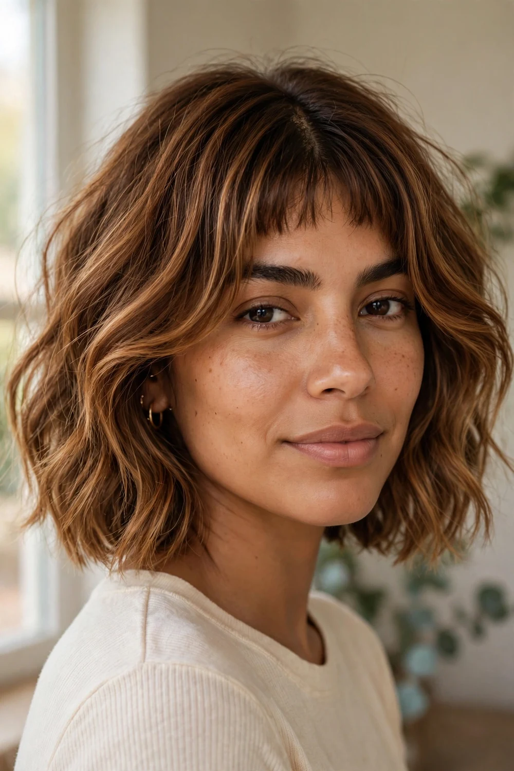 Woman with wavy bottleneck bob and soft beach waves