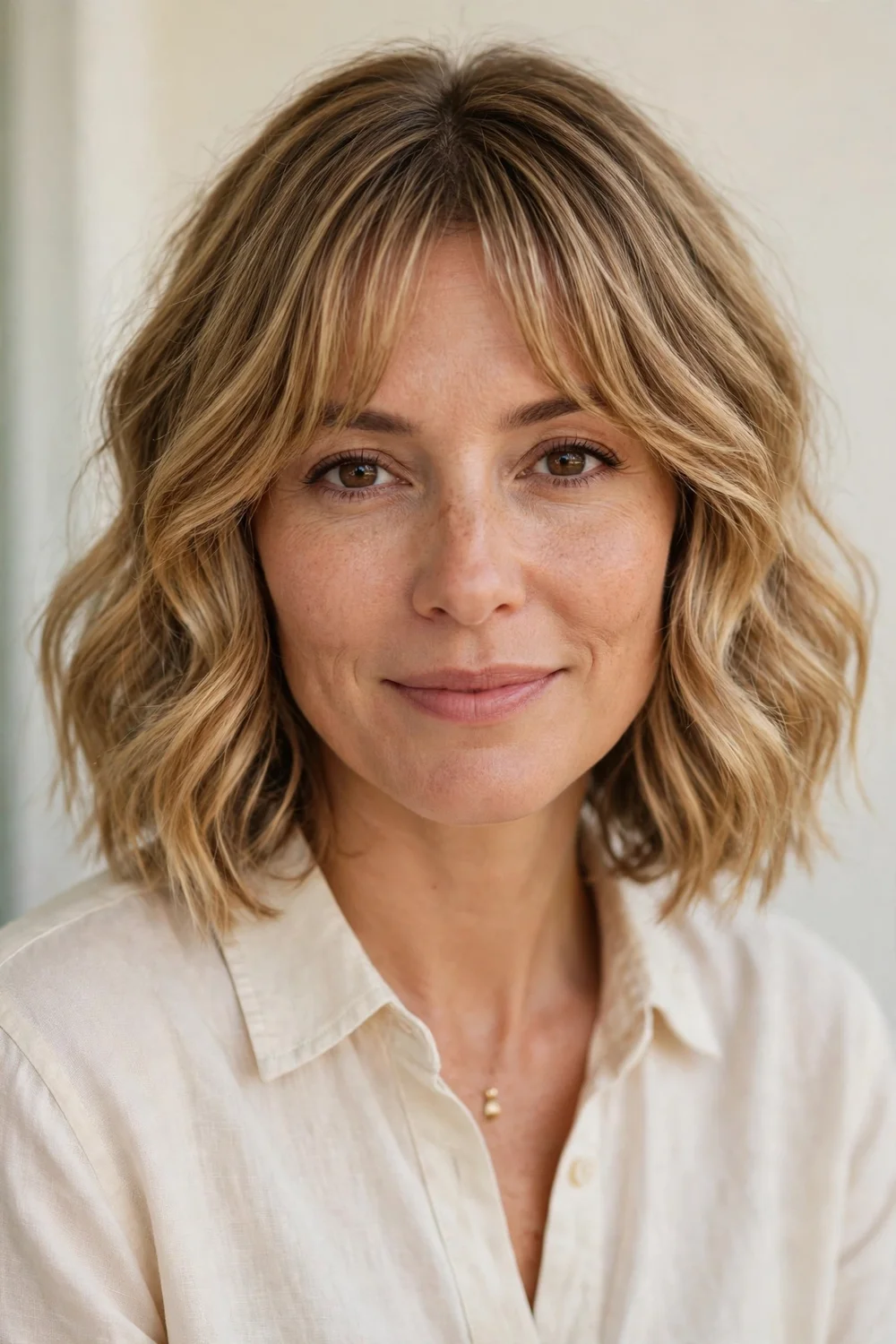 Wavy long bob with golden bronde color and curtain bangs
