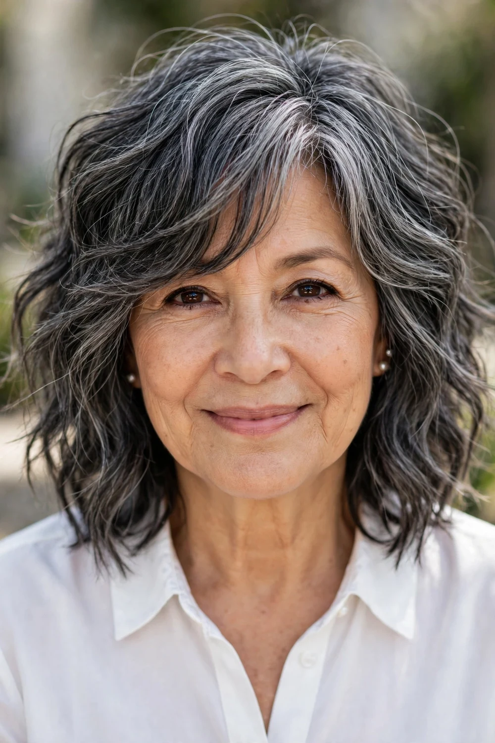 Mature woman with wavy choppy bob and side bangs