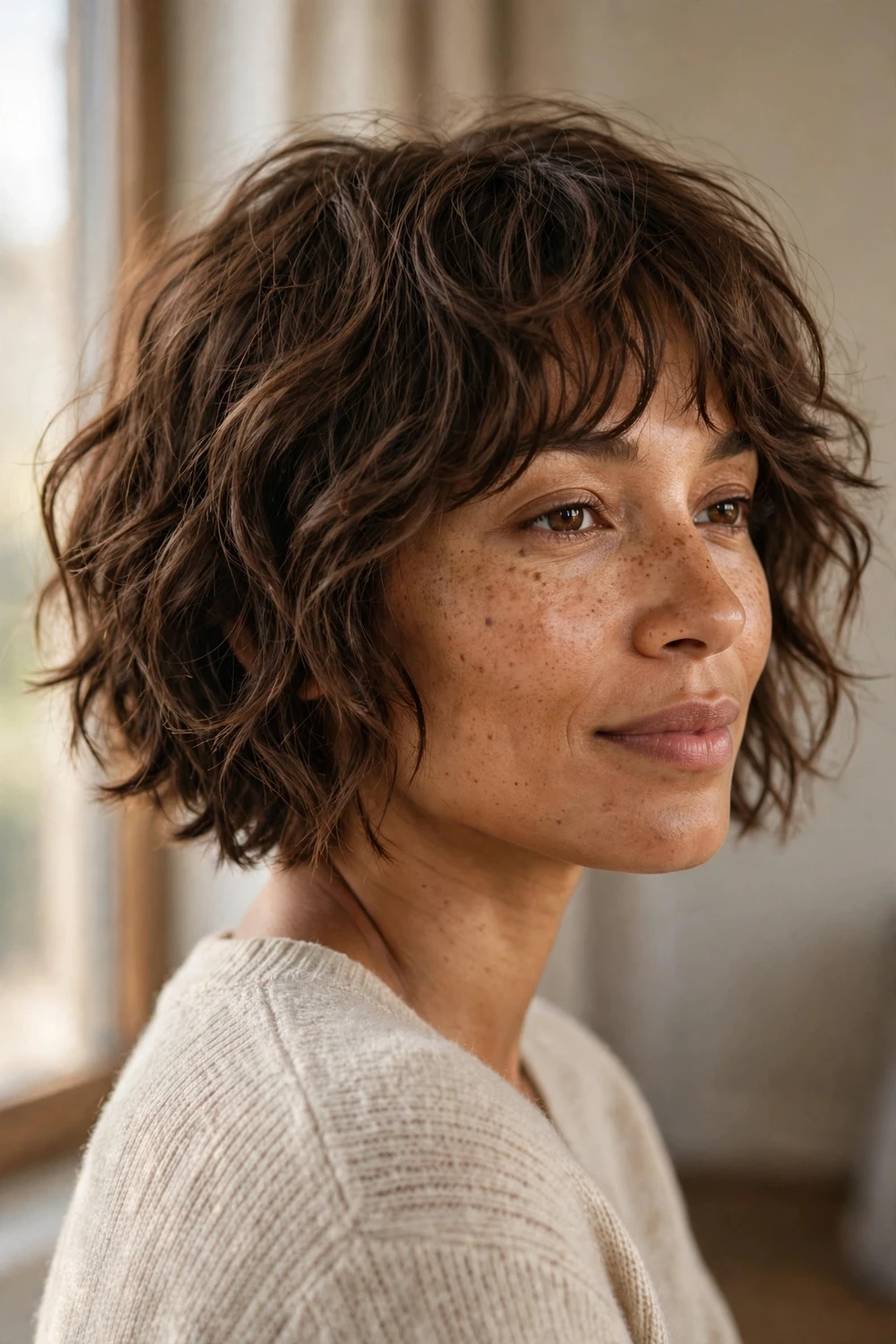 Woman with wavy brown hair in a wavy crop cut with choppy bangs