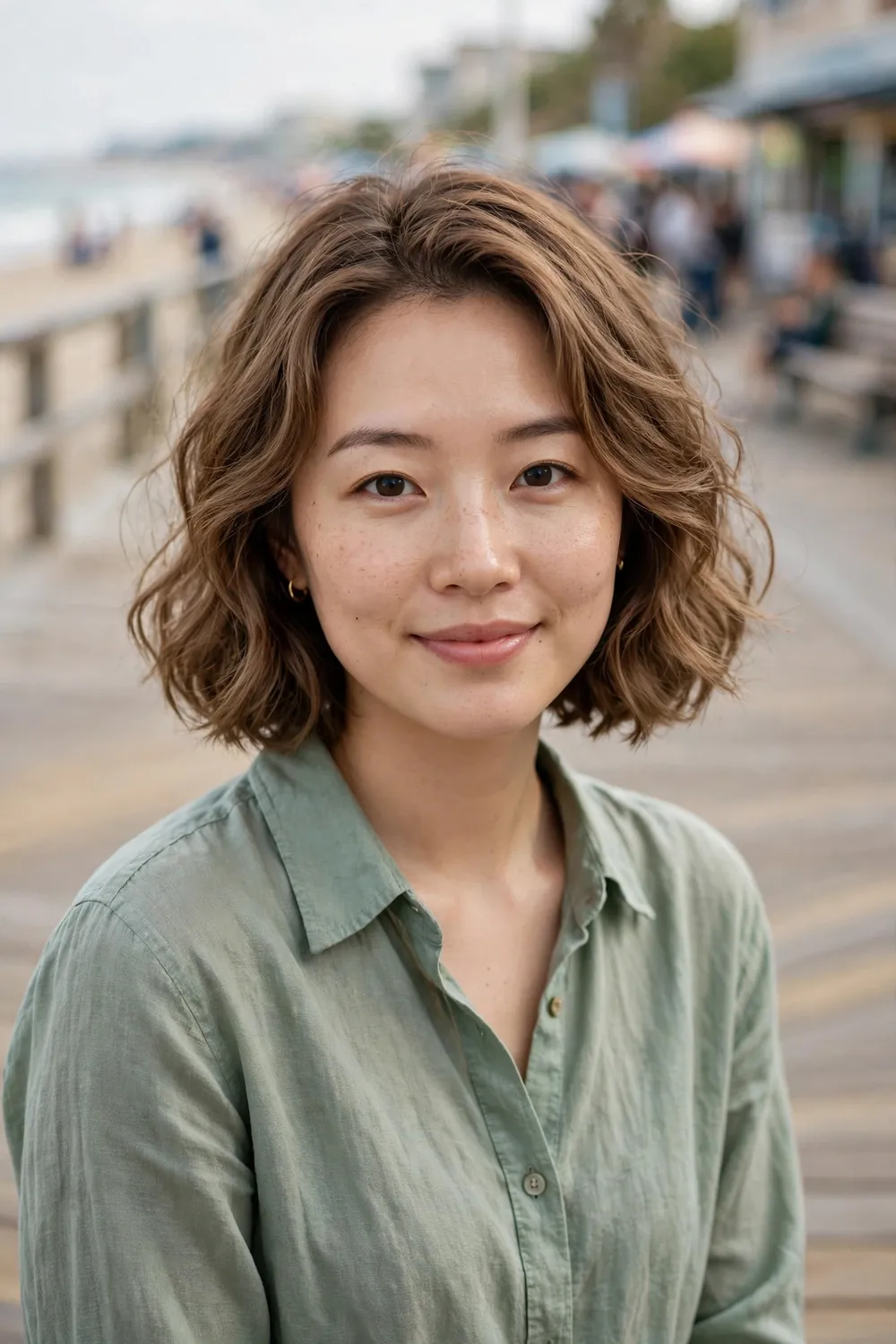 Woman with an oval face wearing a wavy French bob