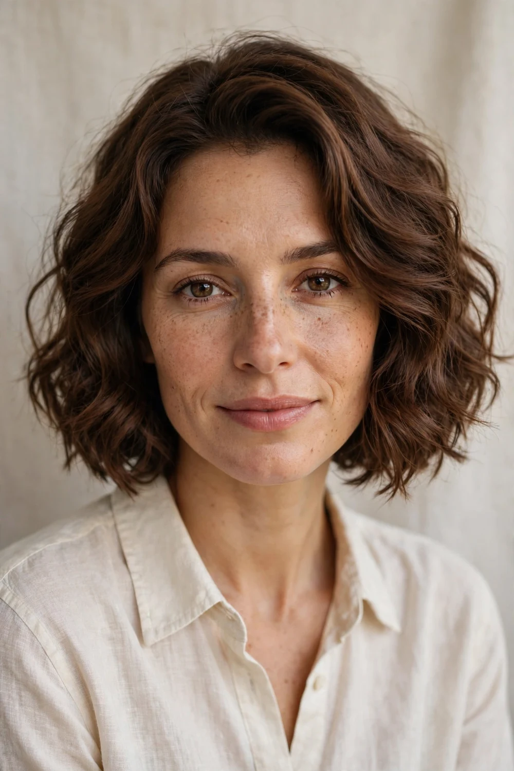 Woman with a wavy french bob, tousled natural waves