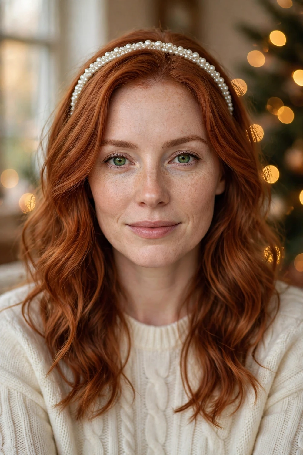 Woman with wavy hair wearing a velvet pearl headband