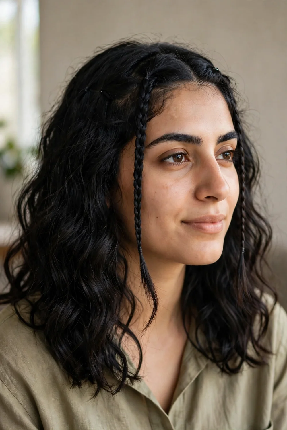 Woman with black medium-length wavy hair and two small front braids