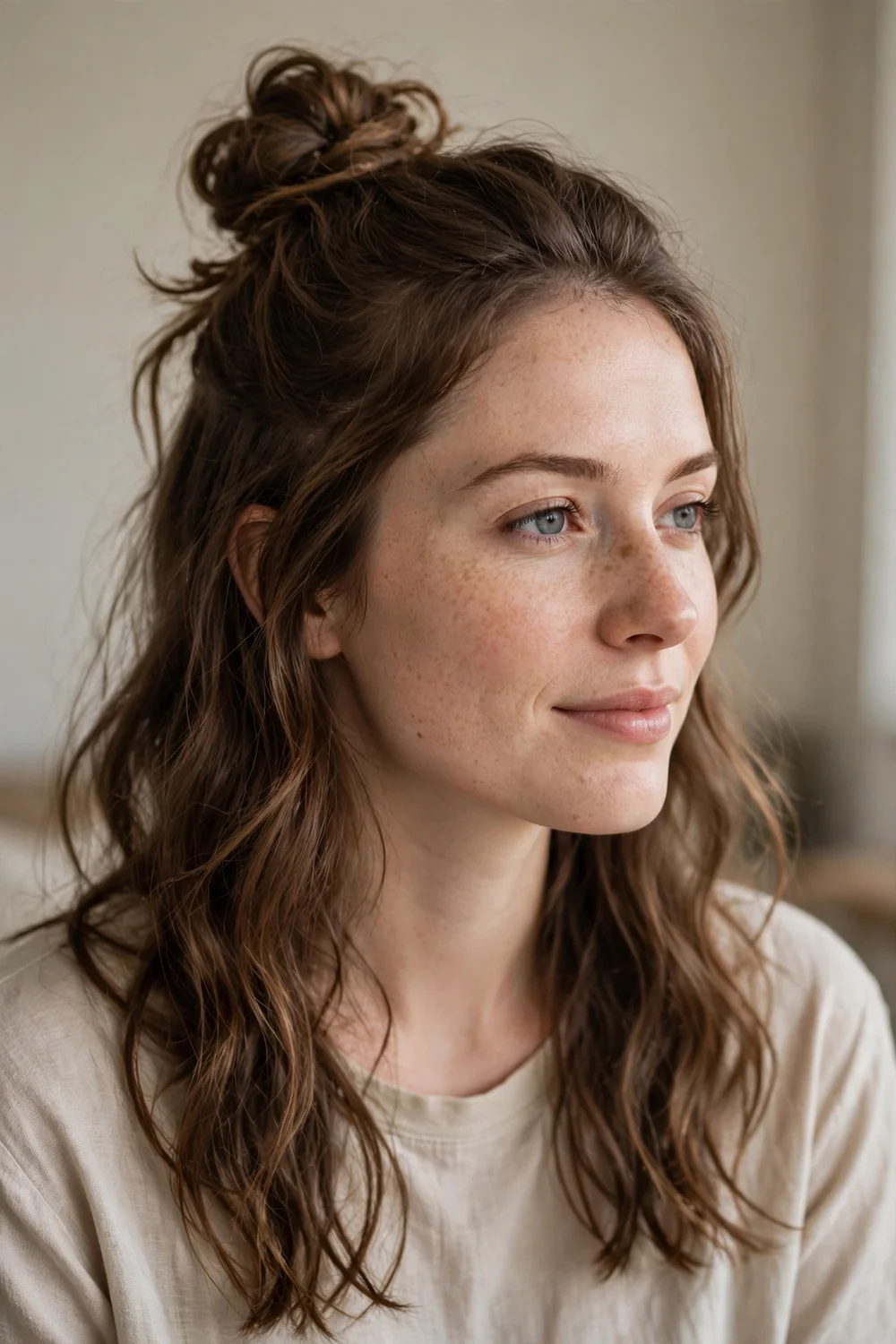 Woman with medium brown medium-length wavy hair in a half-up bun