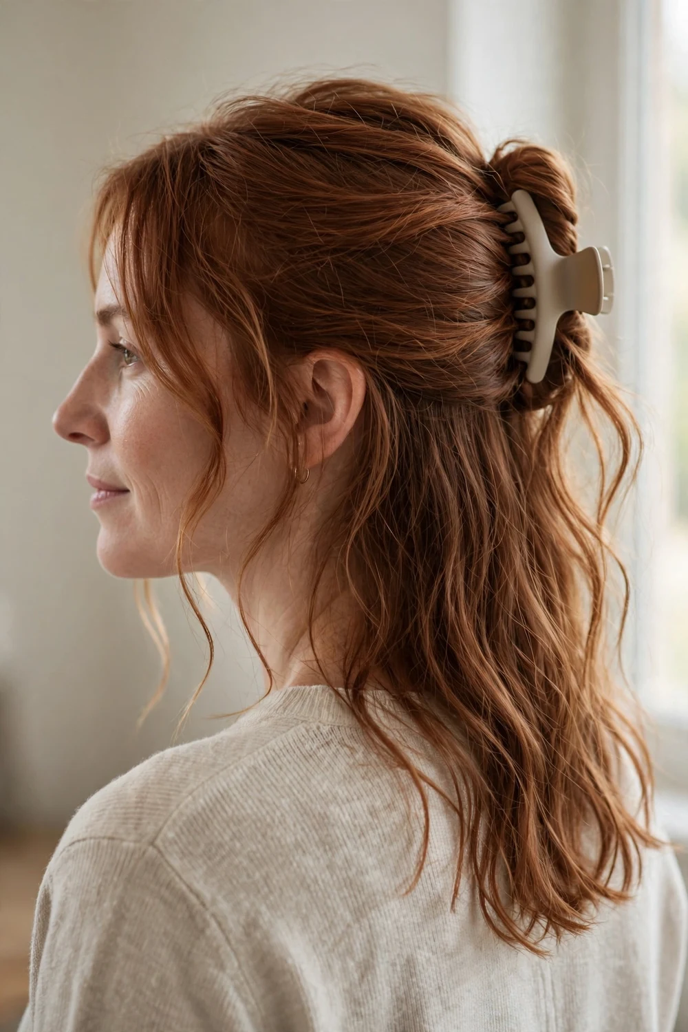 Wavy half-up twist with beige flat claw clip on thin fine auburn hair