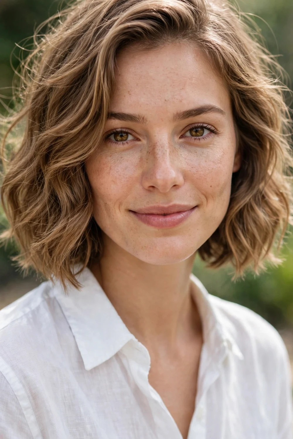 Woman with a wavy Italian bob haircut with soft beachy waves
