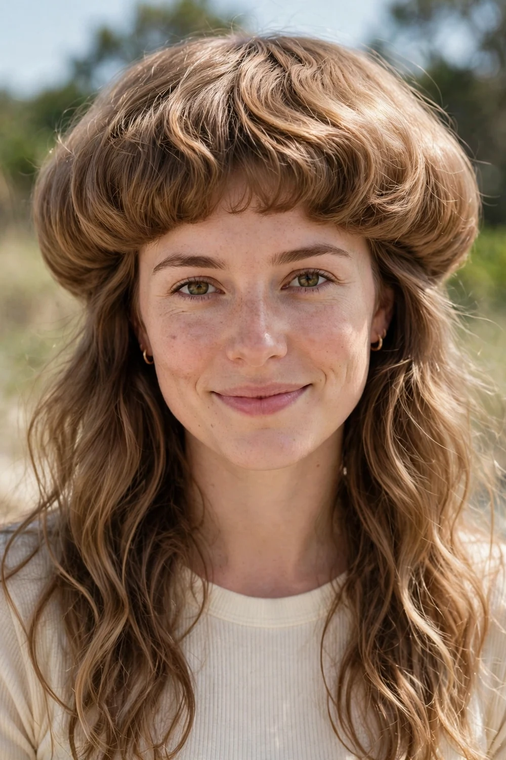 Woman with a wavy jellyfish haircut with soft waves in both layers