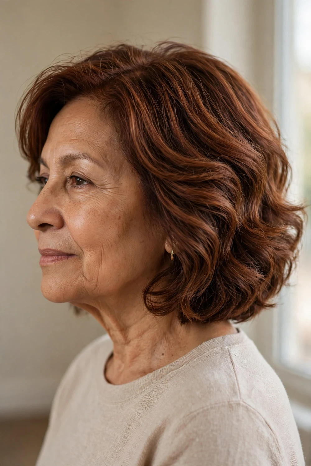 Woman over 50 with a wavy layered bob